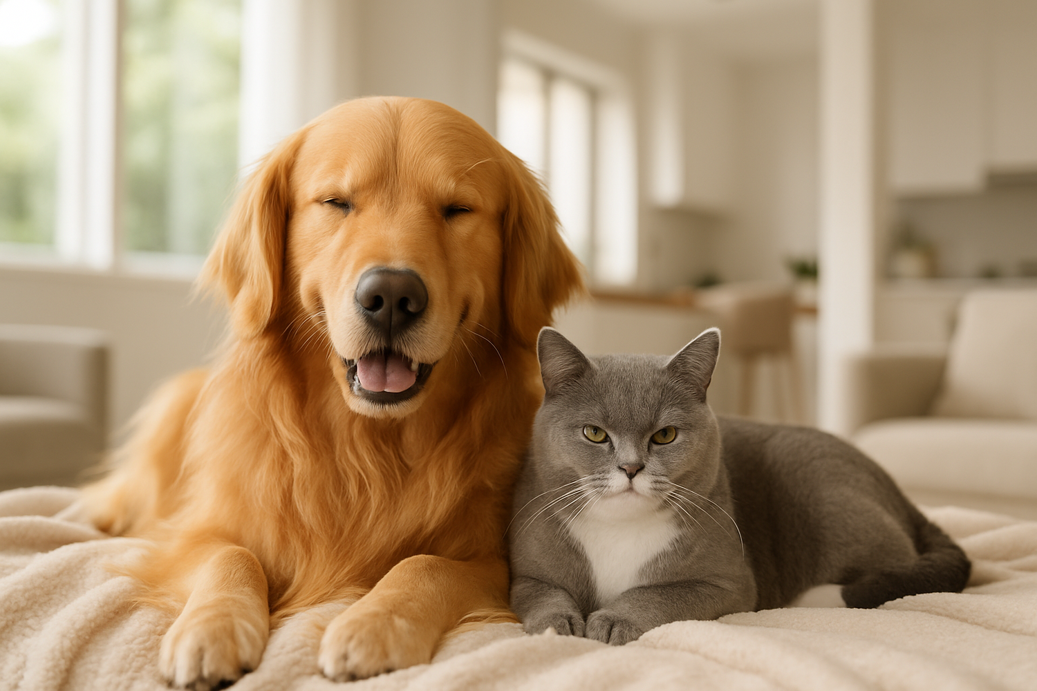 Cozy lifestyle hero image for a premium pet brand. A golden retriever and a short-haired cat lying together peacefully on a soft blanket inside a bright, modern home. Warm natural daylight, soft focus, shallow depth of field, elegant and heartwarming mood. Clean commercial e-commerce photo, high detail. No text, no watermark, no border.