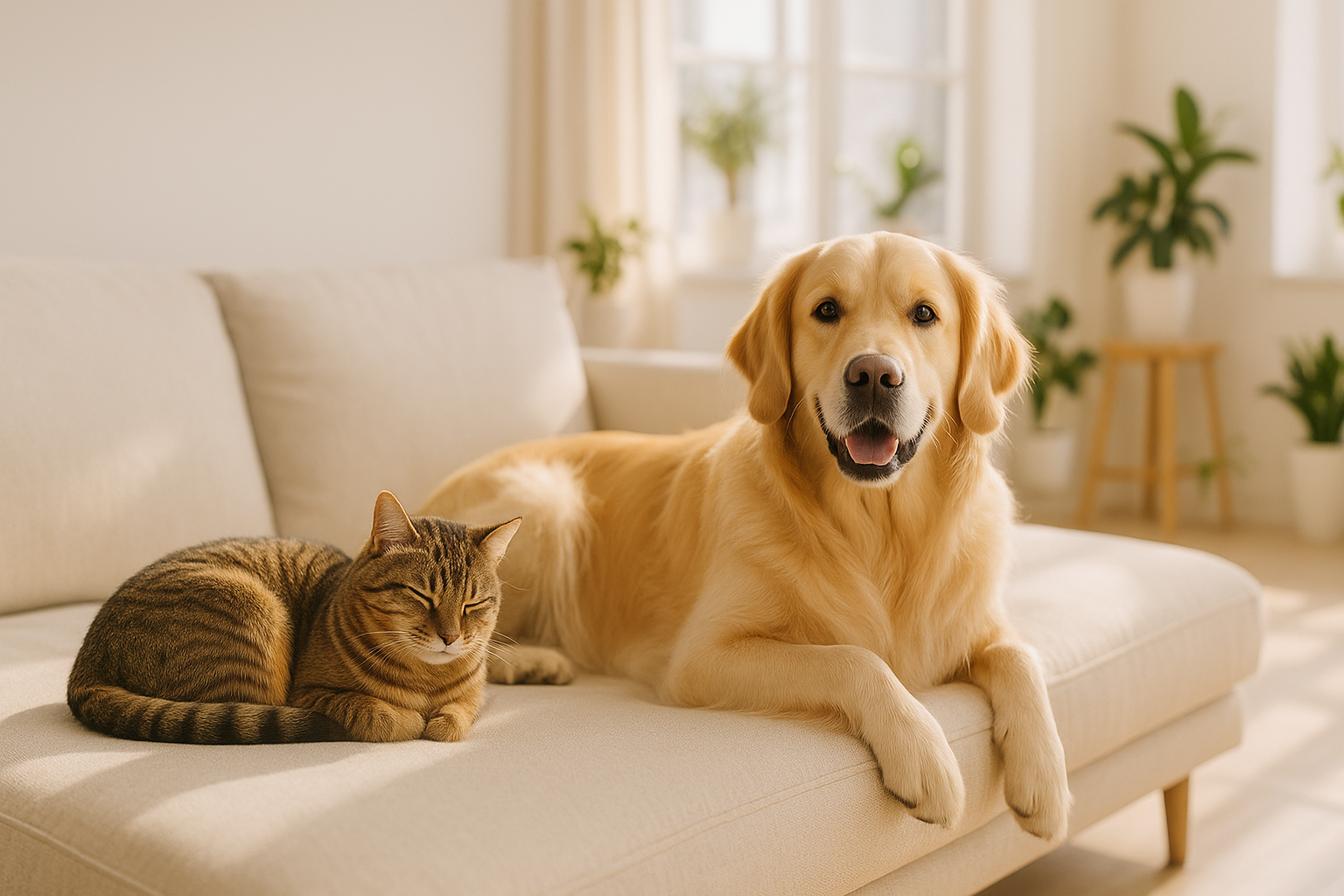 Cozy premium hero image for a pet brand About Us section. A bright, modern living space with a golden retriever and a cat relaxing together on a stylish sofa. Warm natural light, elegant and minimal background. Clean, commercial e-commerce look, high detail, shallow depth of field. Left side with negative space for headline text. No watermark, no text, no border.