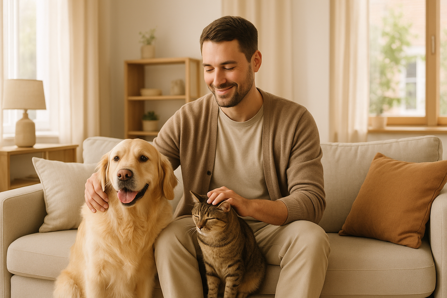 Lifestyle image for a pet e-commerce brand. A happy pet owner spending time with their dog and cat at home, cozy and modern environment. Warm natural tones, soft daylight, premium and trustworthy look. High detail, clean, no watermark, no text.