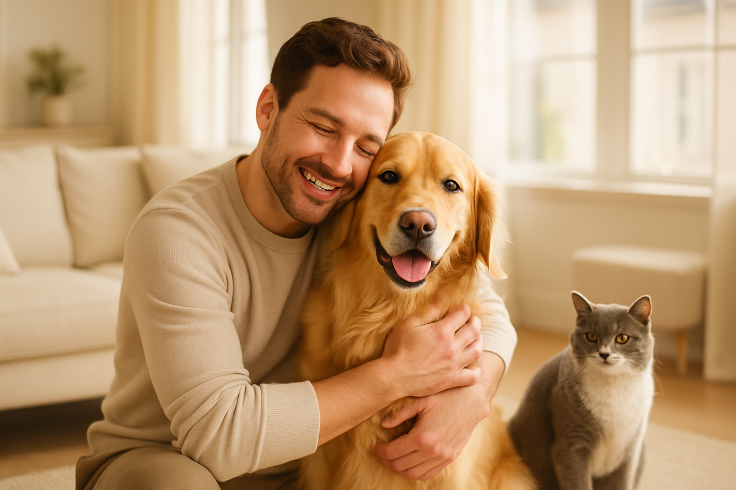 Premium hero image for a pet e-commerce About Us section. A pet owner hugging a golden retriever and a cat in a bright, stylish home. Warm daylight, soft tones, commercial lifestyle look. Clean, elegant, high detail, no watermark, no text.