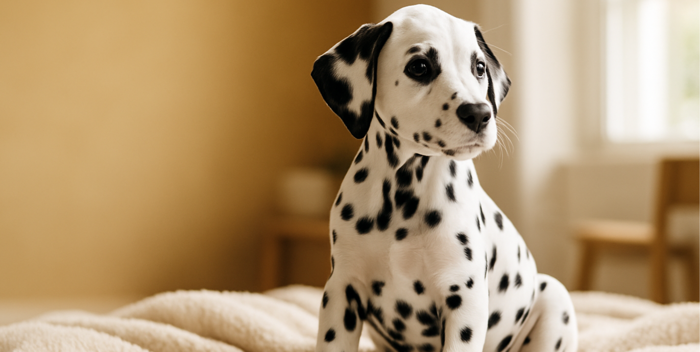 Premium lifestyle hero image for a pet e-commerce brand. A Dalmatian puppy sitting comfortably on a soft blanket in a cozy modern home. Warm honey-gold to cream gradient background with soft natural light. Clean, elegant, high detail, shallow depth of field. Left side with empty negative space for headline and button. No text, no watermark, no border.
