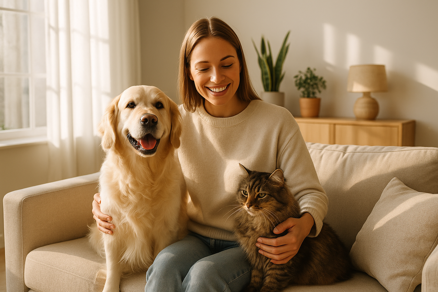 Premium lifestyle photo for a pet e-commerce brand. A happy dog and a cat sitting comfortably with their owner in a cozy modern living room. Warm natural light, elegant minimal background, clean and professional look. High detail, no watermark, no text.