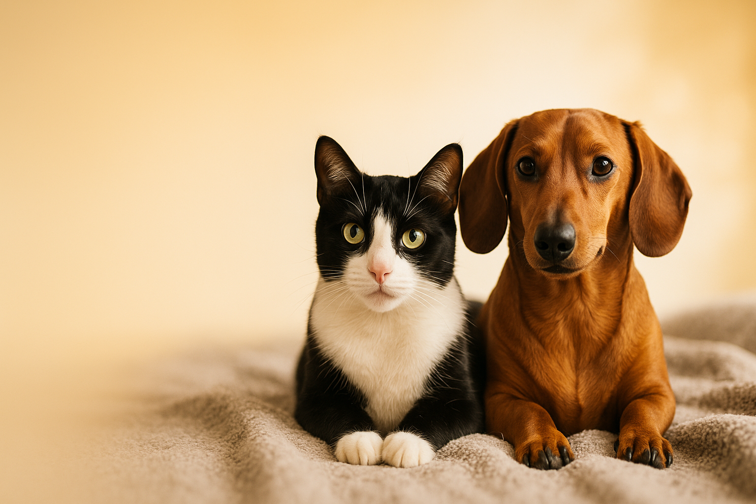 Wide hero banner for a premium pet brand. Warm honey-gold to soft cream gradient background with natural soft light. On the right side: a short-haired cat (black & white) and a dachshund dog sitting together on a soft cozy gray blanket, relaxed and friendly. Clean, commercial e-commerce look, high detail, shallow depth of field. On the left side: plenty of negative space for headline and button. No text, no watermark, no border.